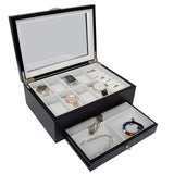 Arolly Black Wood Watch Ring Sunglasses Storage Box Organizer with Valet Drawer