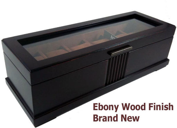 Watch Display Case Ebony Wood Finish 6 Glass Top 3.75-12.75-4.75 Inch