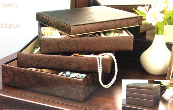Stackable Jewelry Box set of 4 Leather Trays with Beige Lining W 11.75" x D 10" x H 8.75"