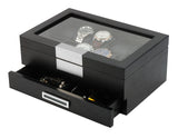 Black Wood Watch Storage Box Organizer with Valet Drawer