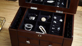 Large Wood Dark Espresso Finish Jewelry Box with Lock New - Velveteen-lined Compartments - Bevelled Glass