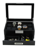Black Wood Watch Storage Box Organizer with Valet Drawer