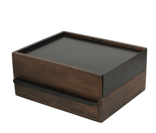 Modern wood and metal box with sliding drawers to store jewelry and ac ...