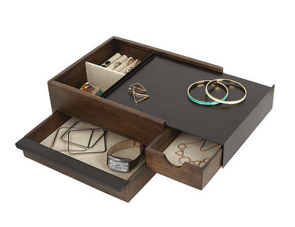 Modern wood and metal box with sliding drawers to store jewelry and accessories
