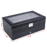Black Leather Jewelry Box Watch Box Valet Glass Top Drawer Lockable