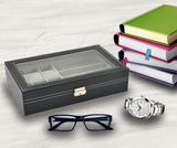 Arolly 6 Black Leather Watch Box Jewelry Case Valet and 3 Piece Eyeglasses Storage