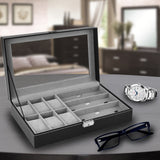 Arolly 6 Black Leather Watch Box Jewelry Case Valet and 3 Piece Eyeglasses Storage