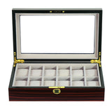 12 Slots High Gloss Cherry Wood Finished Transparent Top Lid Watch Box with Lock & Key