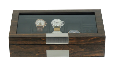 Wooden Large 8 Slot Watch and Cufflinks Display Box Case Organizer with Glass Window Top
